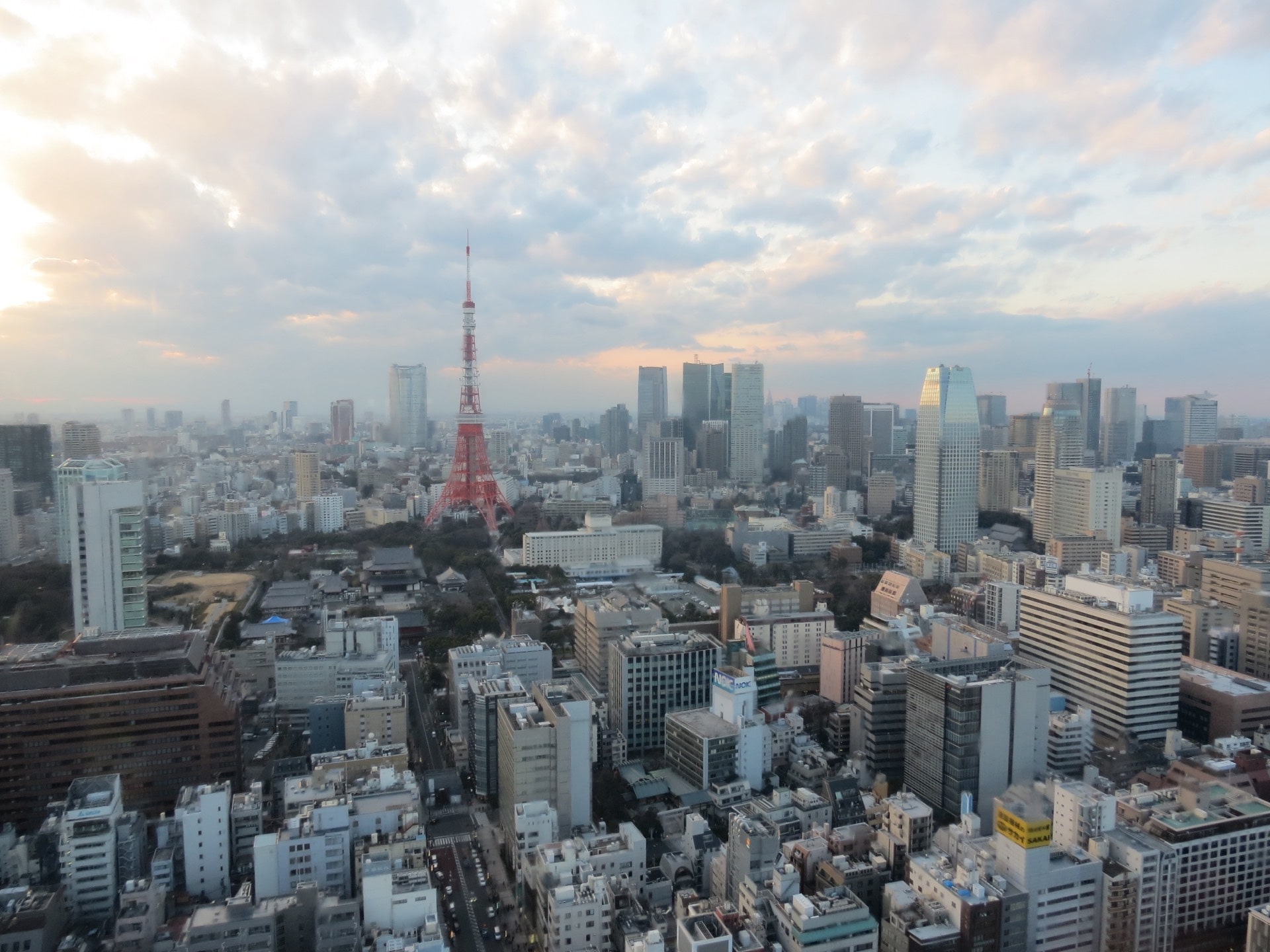 Tokyo Tower and the city skyline at dusk, seen from the World Trade Center building